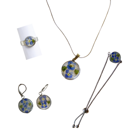 Jewelry Set – Real Blue Flower with Green Leaves & Gold Glitter Background - Stainless Steel Jewelry