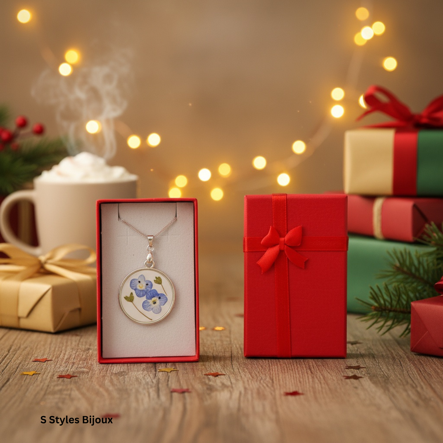 S Styles Bijoux, Handmade silver necklace featuring real pressed blue flowers preserved in resin. A unique and elegant gift, perfect for special occasions.