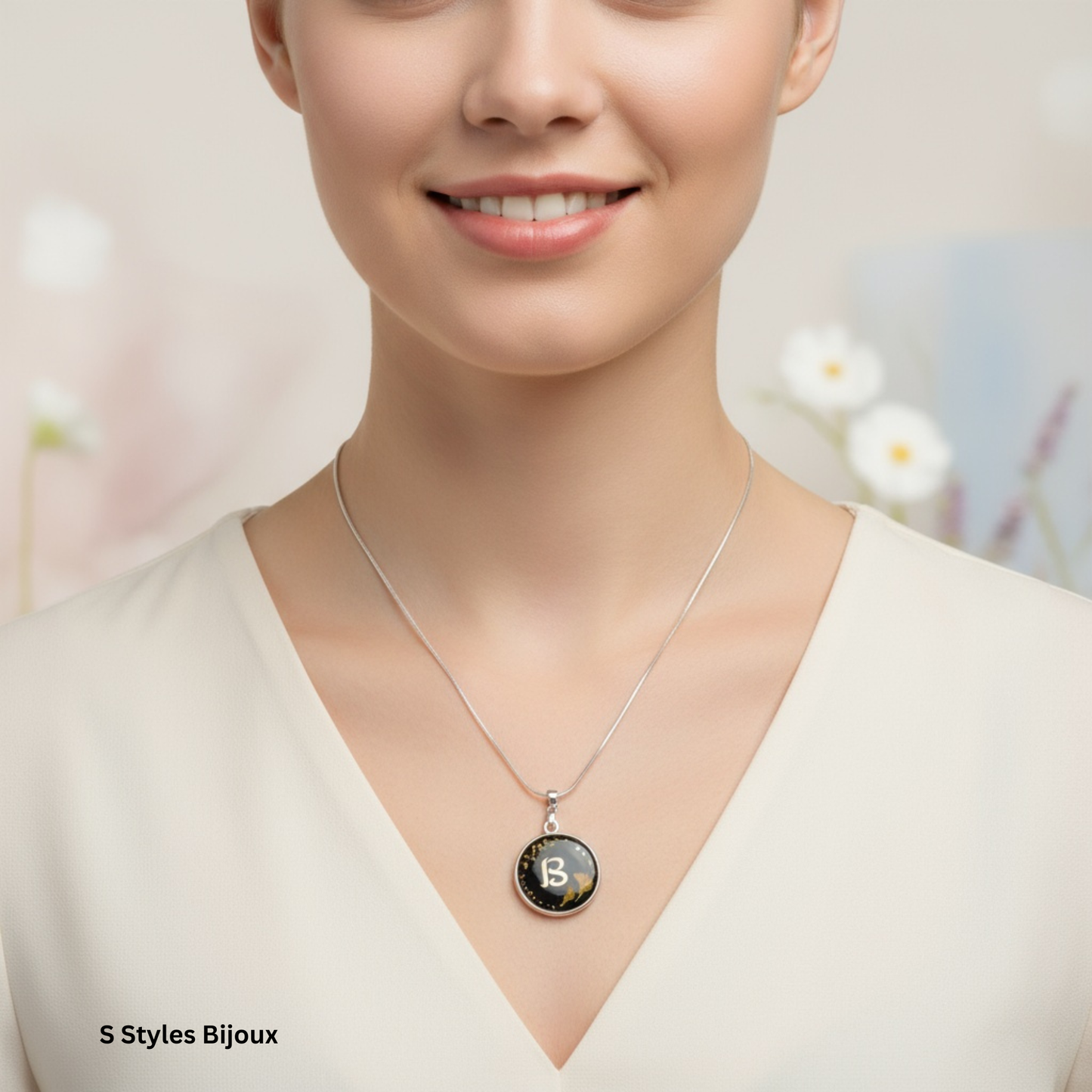 Personalized Black & Gold Flower Necklace – Custom Initial & Backside Text, Handmade Silver 925