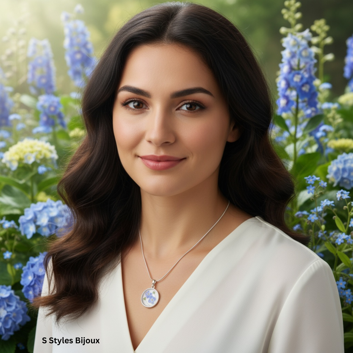 S Styles Bijoux, Handmade silver necklace featuring real pressed blue flowers preserved in resin. A unique and elegant gift, perfect for special occasions.