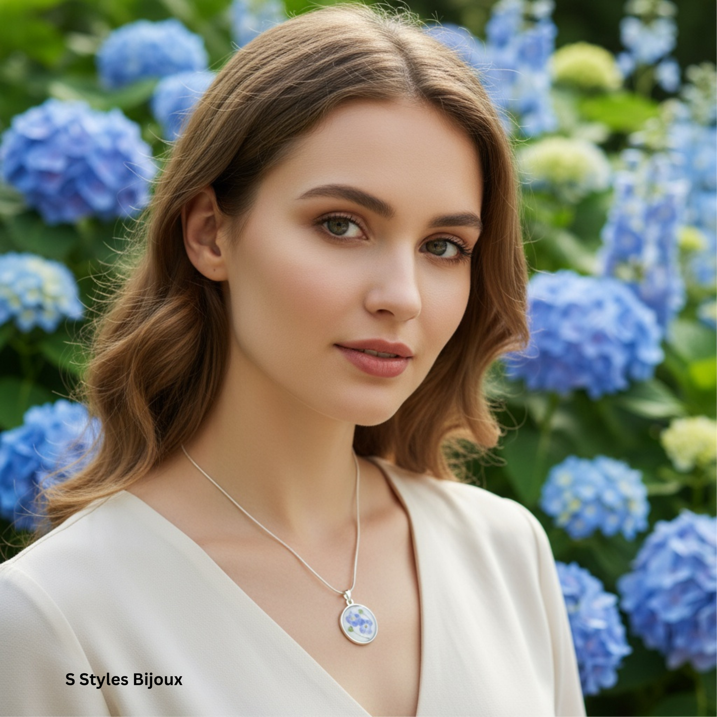 S Styles Bijoux, Handmade silver necklace featuring real pressed blue flowers preserved in resin. A unique and elegant gift, perfect for special occasions.