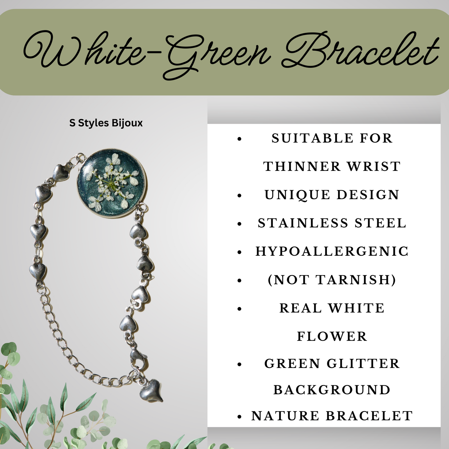 Bracelet Chain – Real White Queen’s Lace Flower with Green Glitter Background