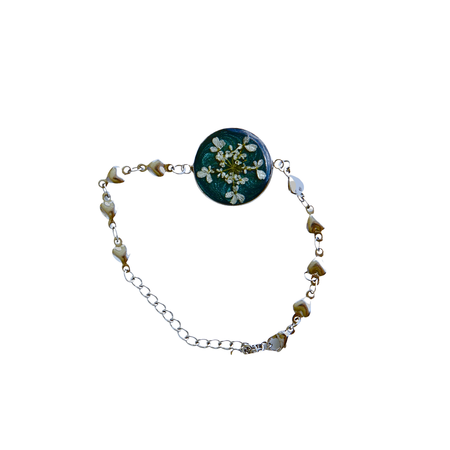 Bracelet Chain – Real White Queen’s Lace Flower with Green Glitter Background