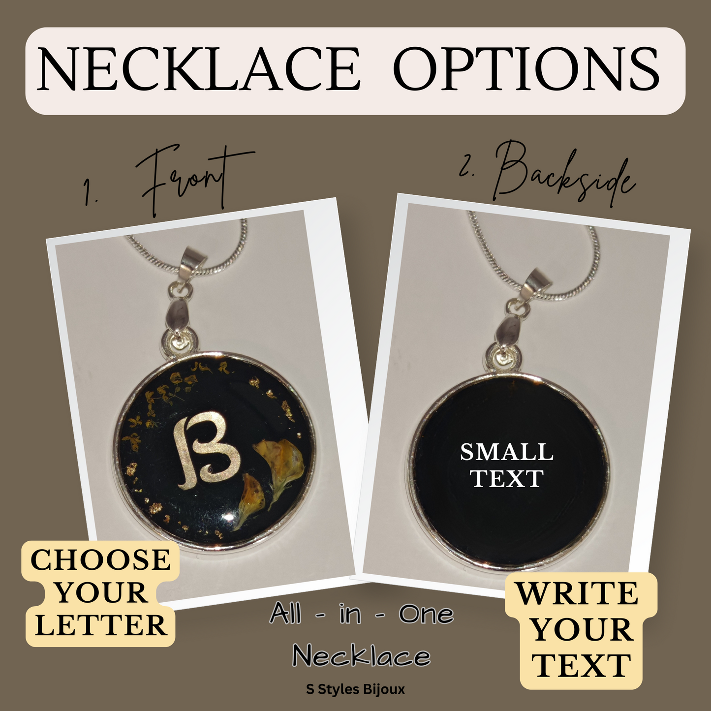 Personalized Black & Gold Flower Necklace – Custom Initial & Backside Text, Handmade Silver 925