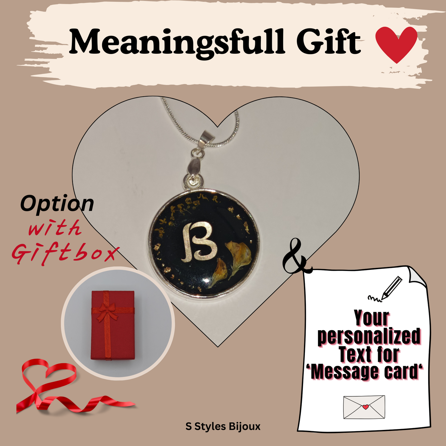 Personalized Black & Gold Flower Necklace – Custom Initial & Backside Text, Handmade Silver 925