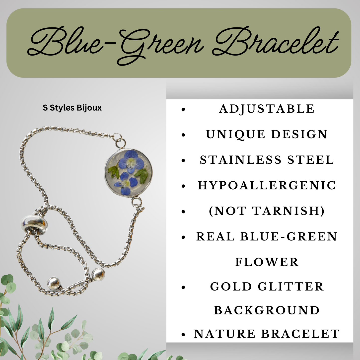 Bracelet Adjustable – Real Blue-Green Flower with Gold Glitter Background - Handmade Jewelry