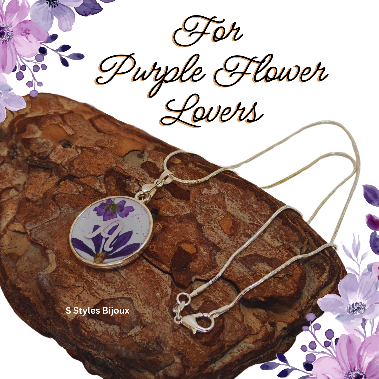 Personalized Purple Flower Jewelry Set – Silver 925 Necklace, Earrings & Adjustable Ring