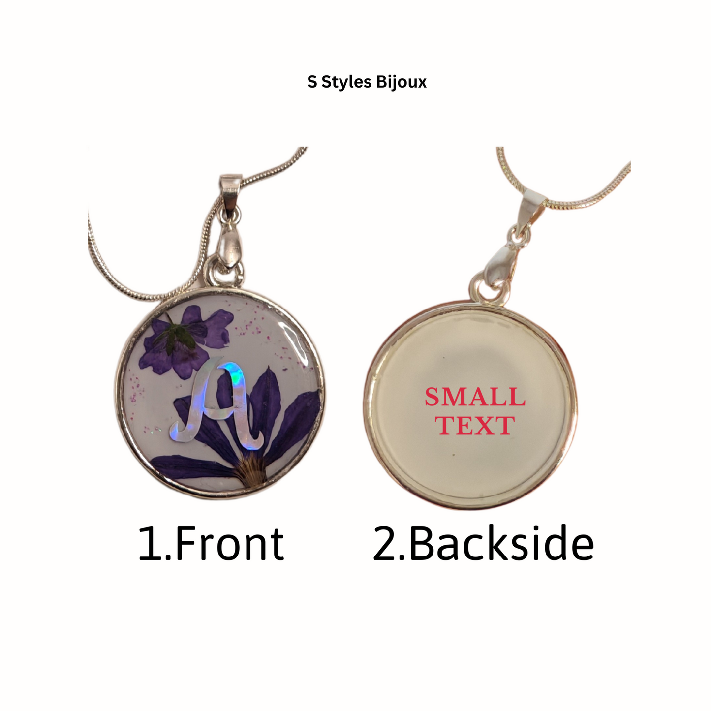 Personalized Violet Flower Necklace – Custom Initial & Backside Text, Handmade Silver 925