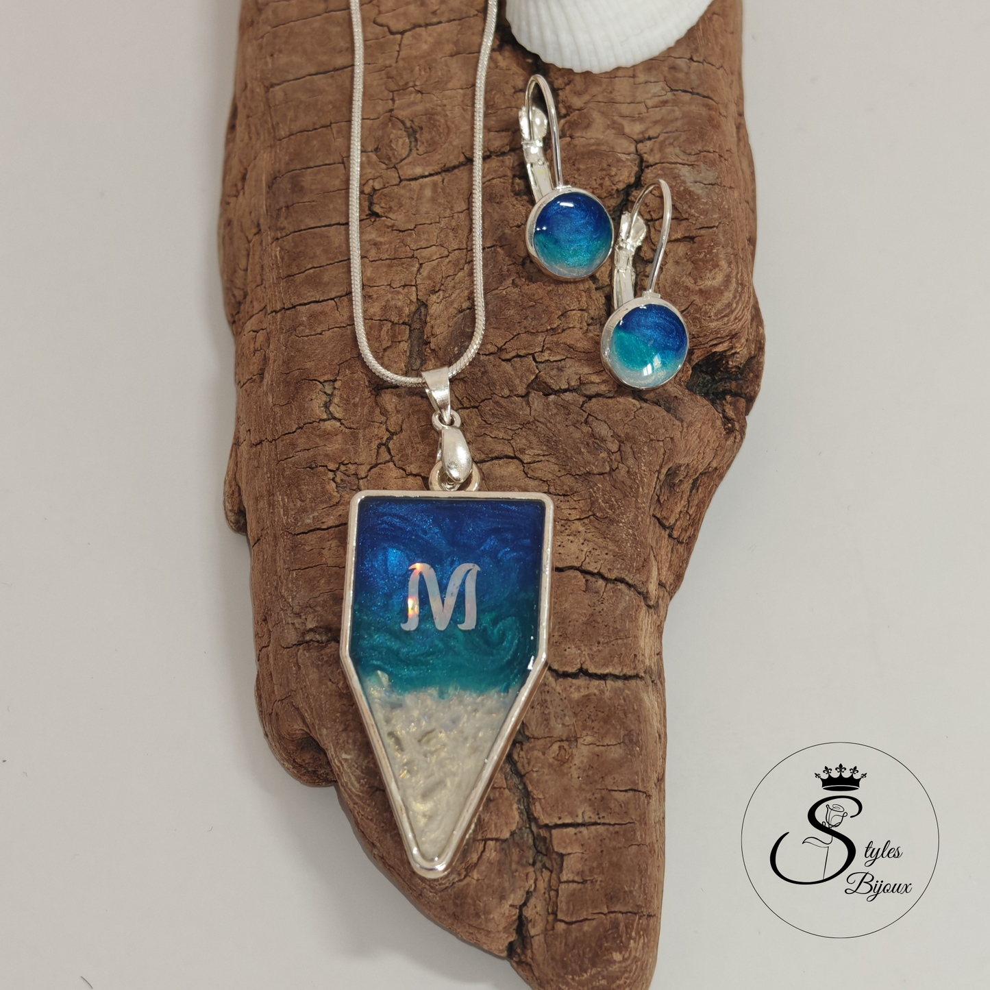 Personalized Necklace & Earrings Set – 925 Silver, Ocean Blue Design, Custom Letter & Secret Text