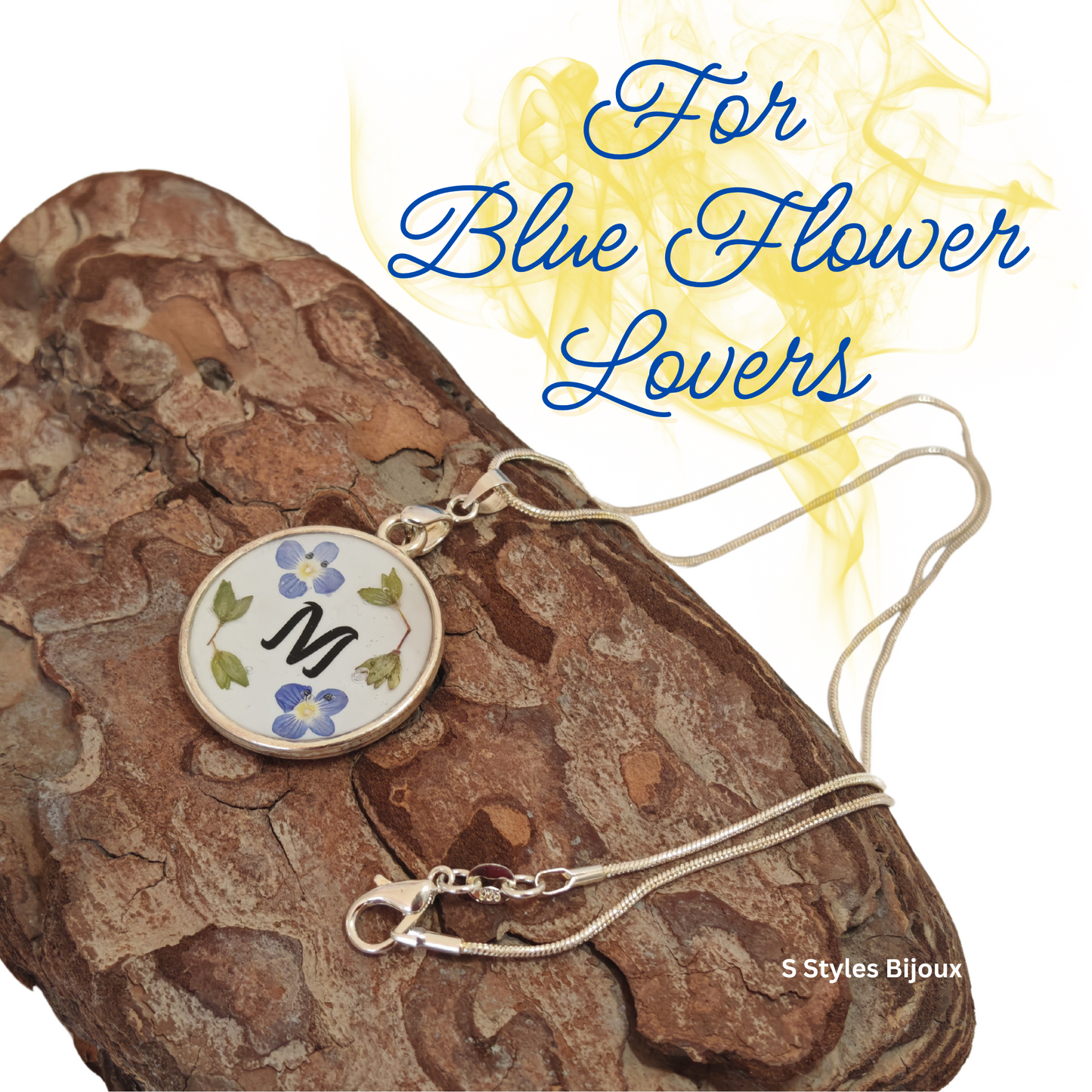 Jewelry Set Personalized – Real Blue Flower Necklace, Earrings & Adjustable Ring – Handmade Silver 925 & Stainless Steel