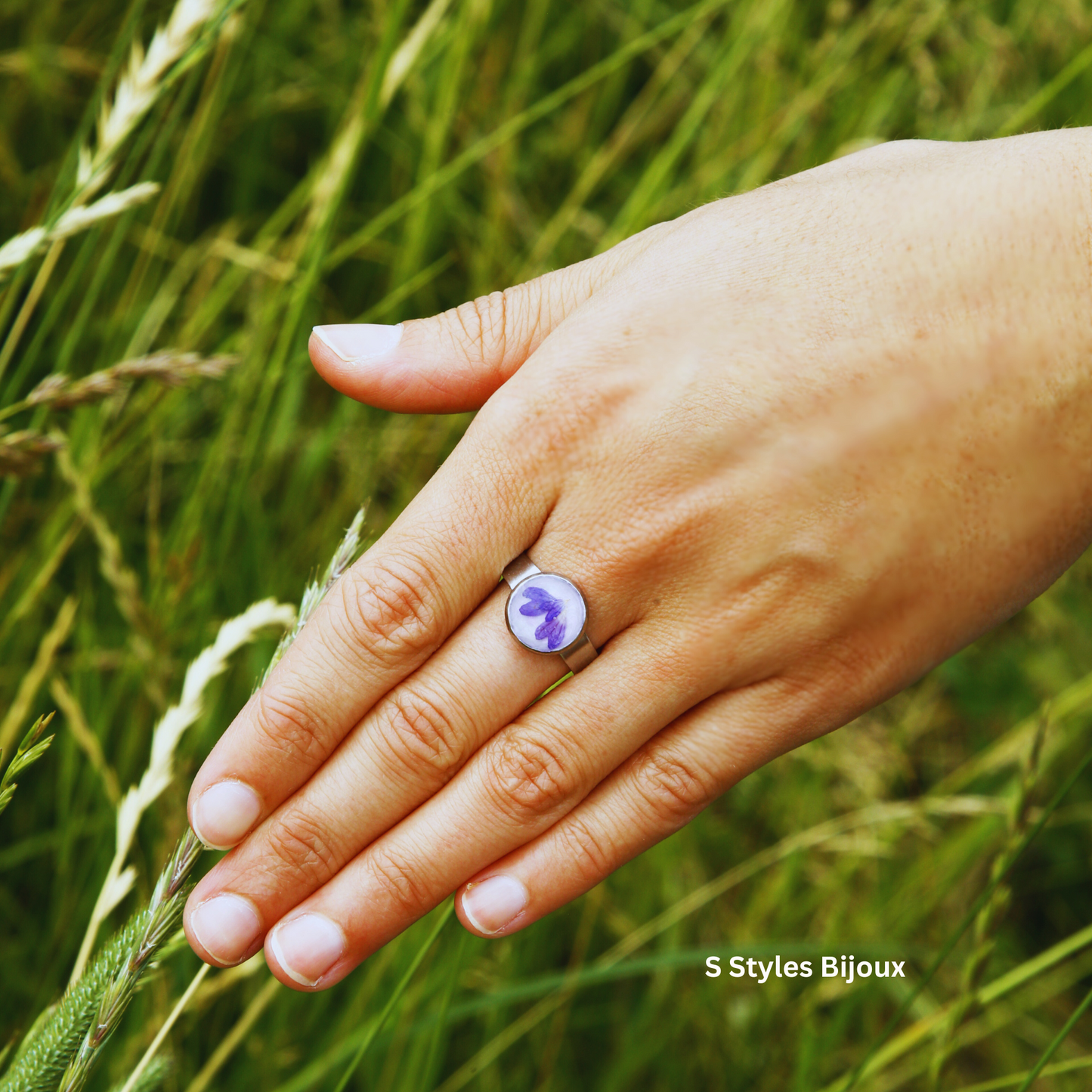 Personalized Purple Flower Jewelry Set – Silver 925 Necklace, Earrings & Adjustable Ring