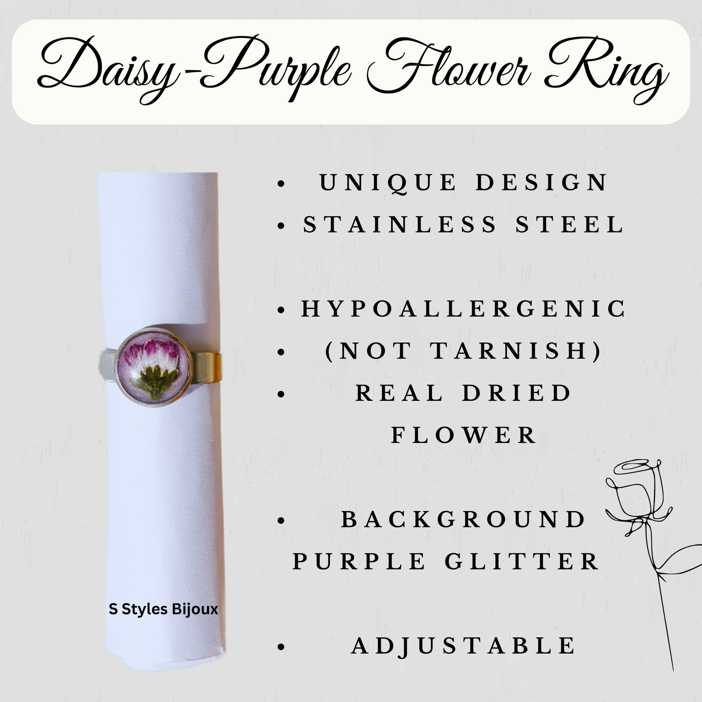 Adjustable Daisy Purple Flower Ring – Handmade Stainless Steel with Real Dried Flower & Glitter Background