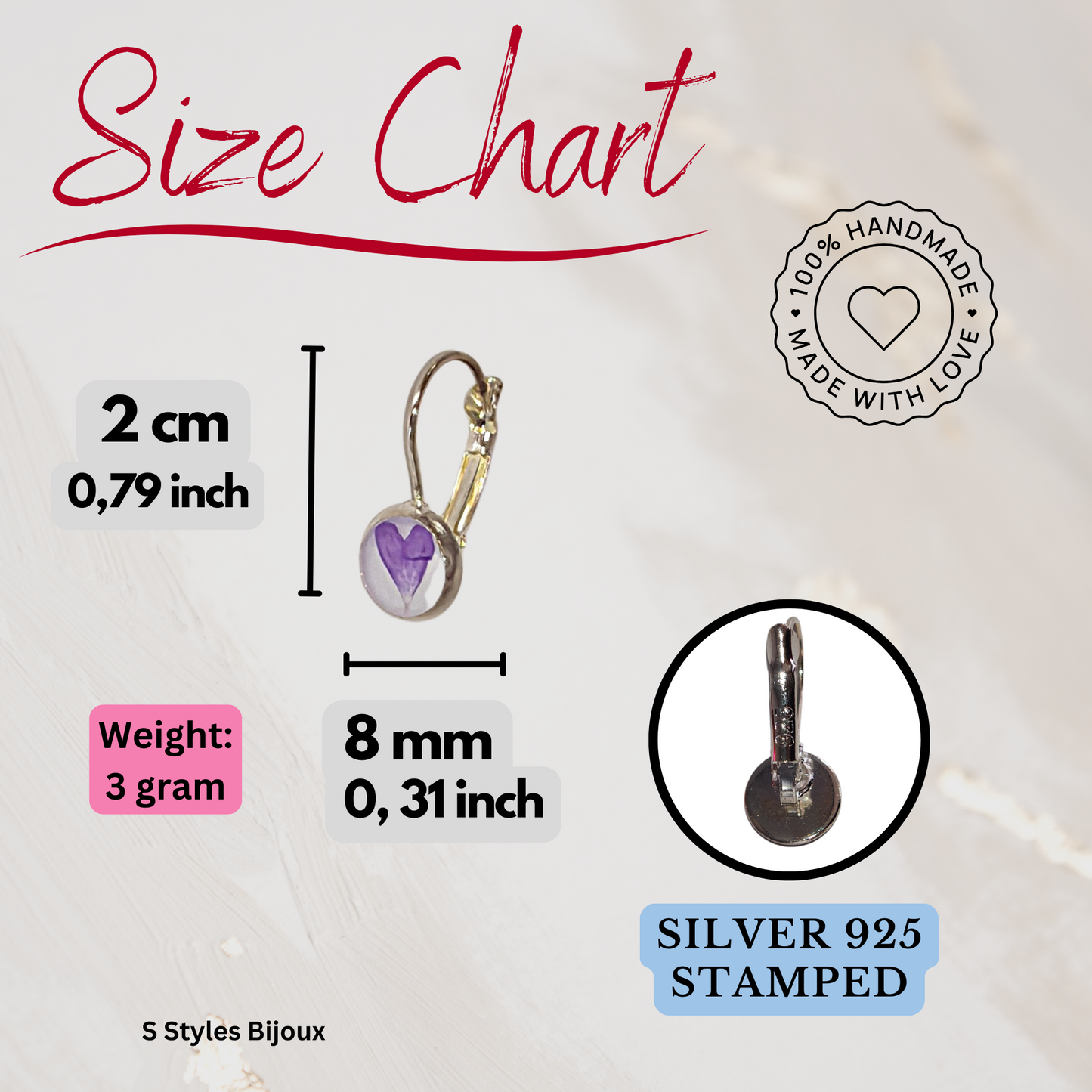 925 Sterling Silver Purple Heart Flower Earrings – Handmade Real Flower Leverback Earrings