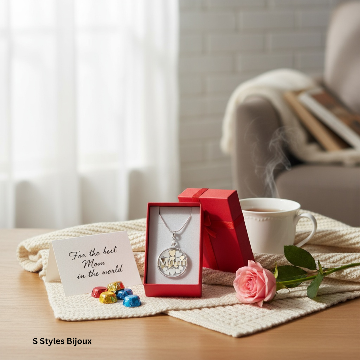 Personalized Mom Necklace – Choose Text & Color, Handmade Silver 925 Pendant with Heart Background