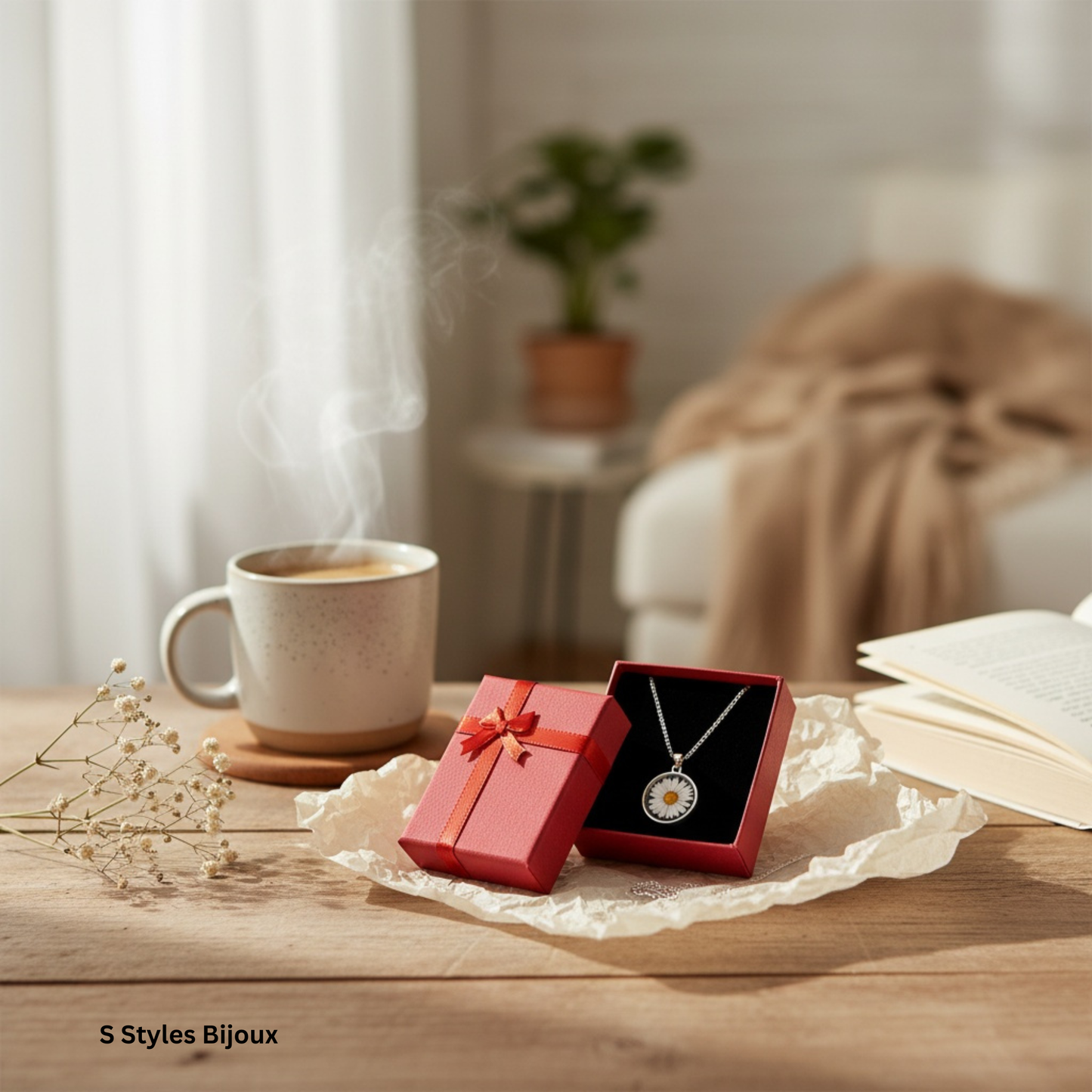 Daisy Necklace – Handmade Silver 925 Pendant with Real Pressed Flower