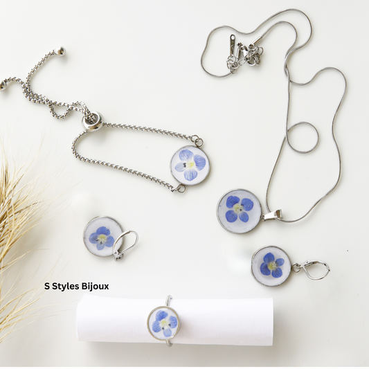 Jewelry Set – Real Blue Flower Bracelet, Necklace, Earrings & Ring - Stainless Steel