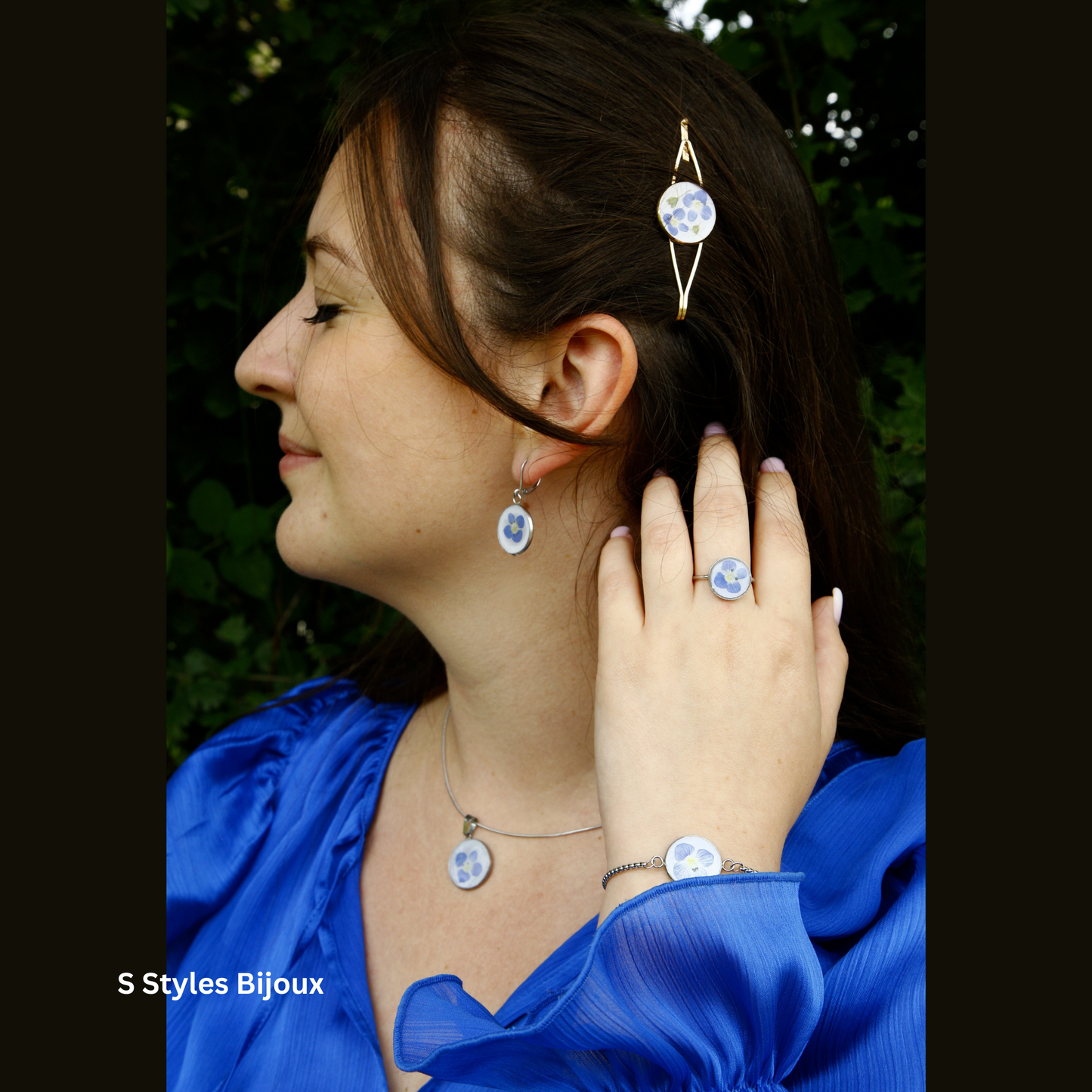 Jewelry Set – Real Blue Flower Bracelet, Necklace, Earrings & Ring - Stainless Steel