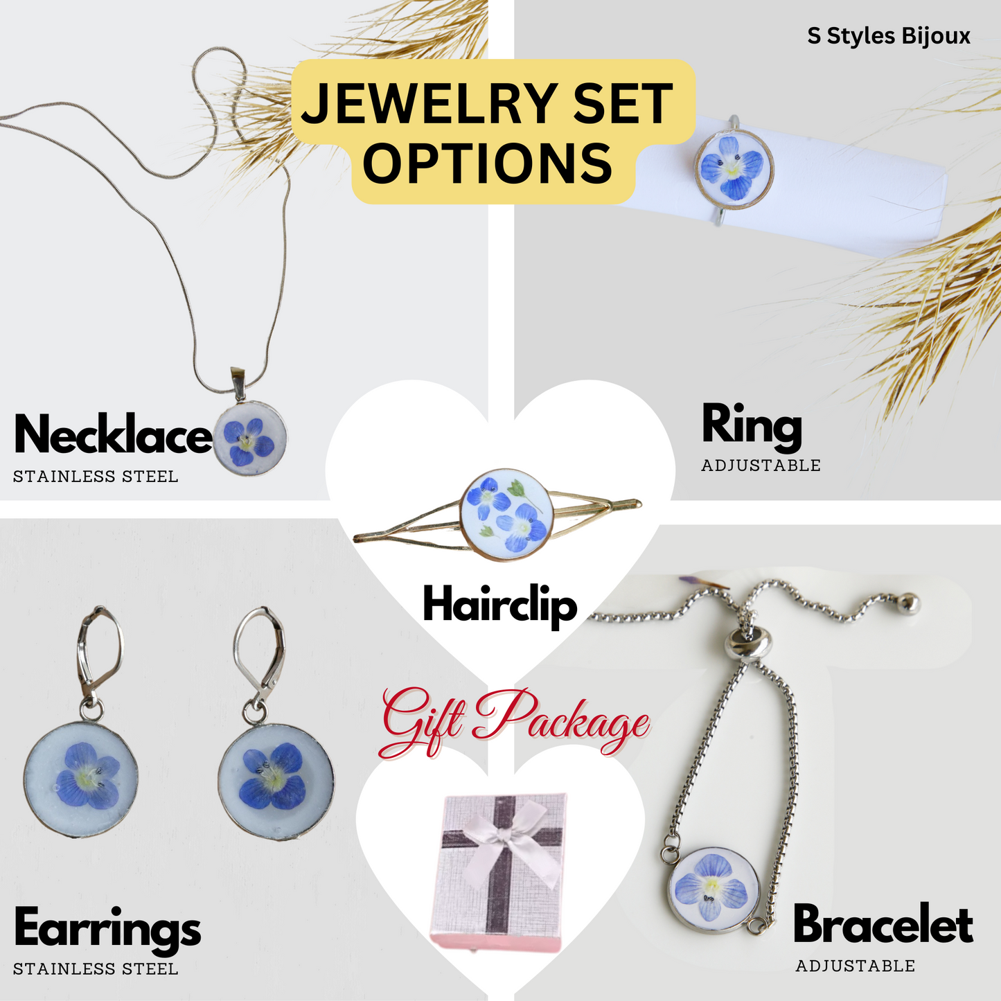 Jewelry Set – Real Blue Flower Bracelet, Necklace, Earrings & Ring - Stainless Steel
