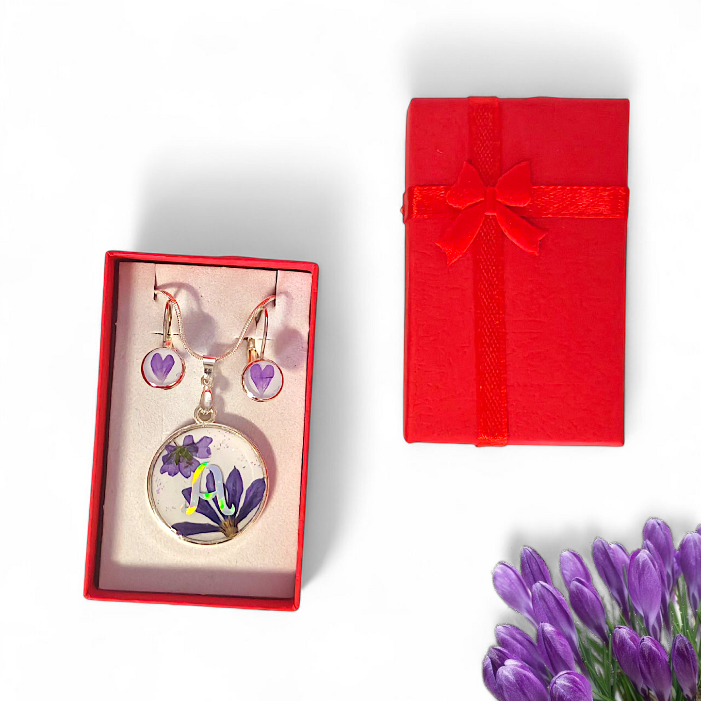 Personalized Purple Flower Jewelry Set – Silver 925 Necklace, Earrings & Adjustable Ring