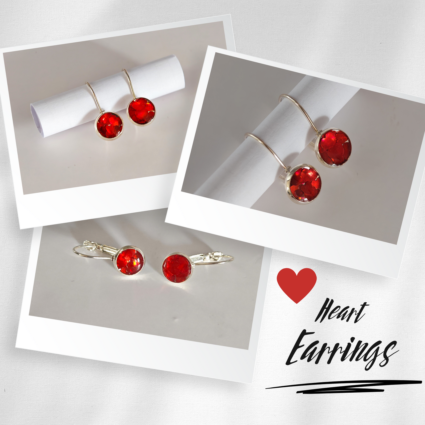 925 Sterling Silver Red Heart Earrings – Handmade Glitter Resin Leverback Earrings