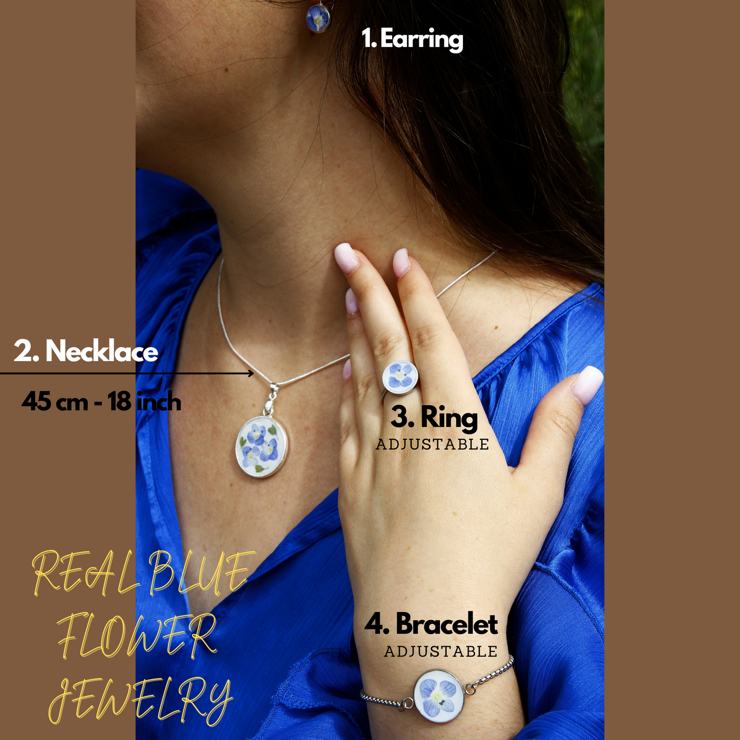 Jewelry Set Personalized – Real Blue Flower Necklace, Earrings & Adjustable Ring – Handmade Silver 925 & Stainless Steel