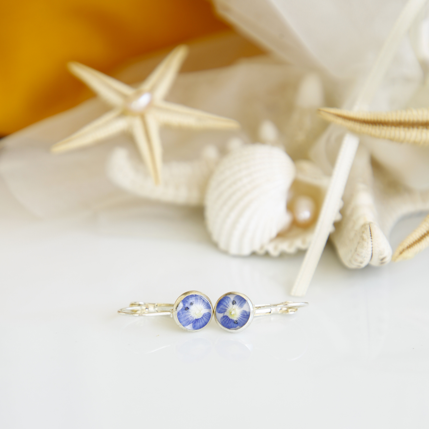 925 Sterling Silver Blue Flower Earrings – Handmade Real Flower Leverback Earrings
