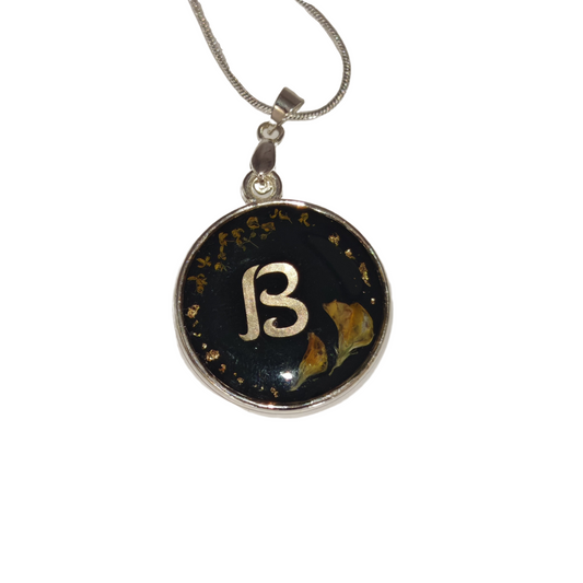 Personalized Black & Gold Flower Necklace – Custom Initial & Backside Text, Handmade Silver 925