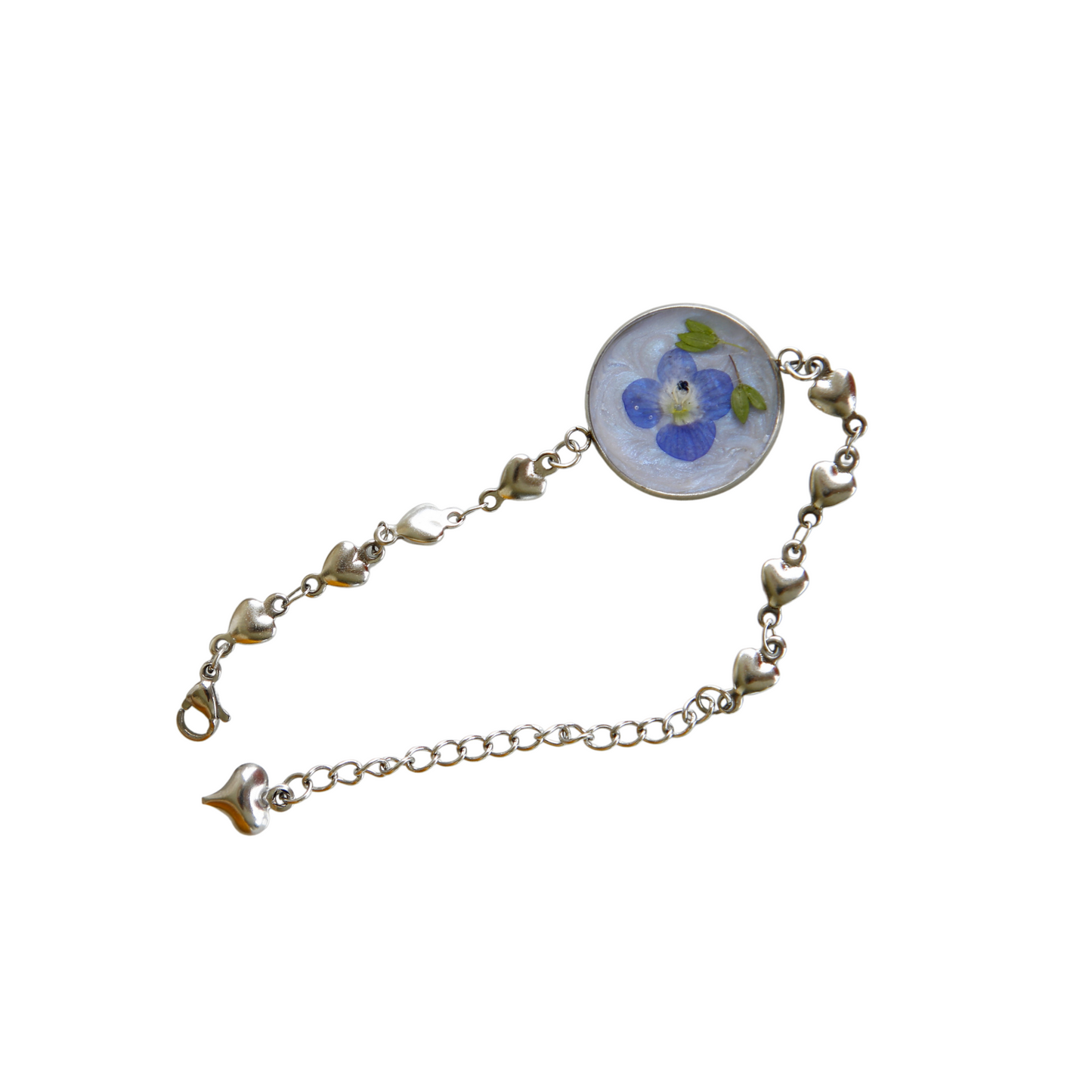 Bracelet Chain – Real Blue Flower with Green Leaves and Blue Glitter Background