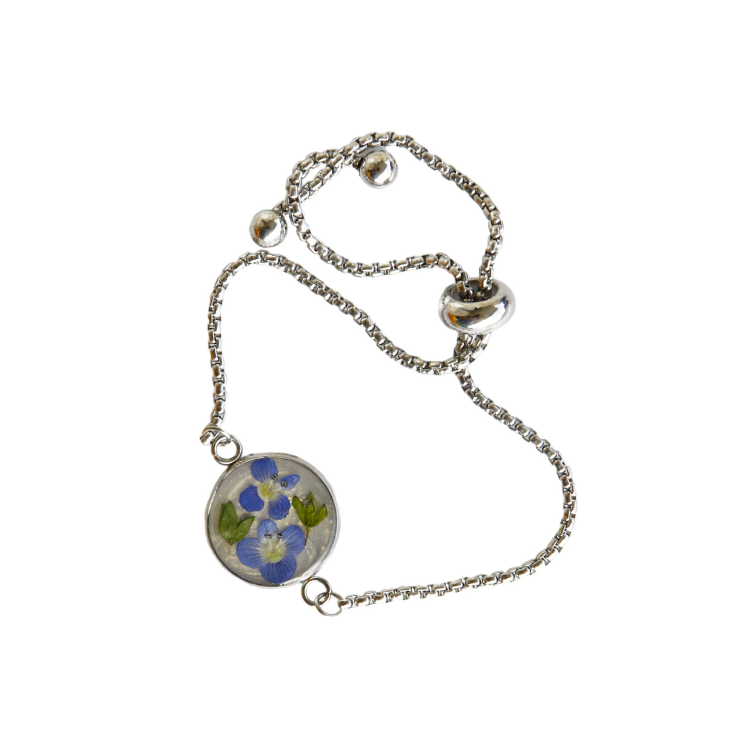 Bracelet Adjustable – Real Blue-Green Flower with Gold Glitter Background - Handmade Jewelry