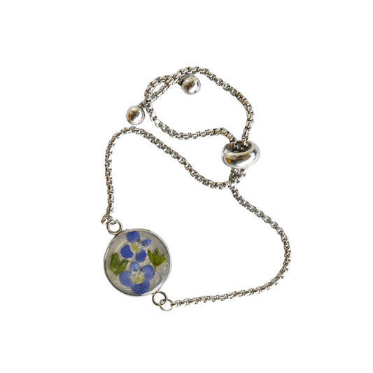 Bracelet Adjustable – Real Blue-Green Flower with Gold Glitter Background - Handmade Jewelry