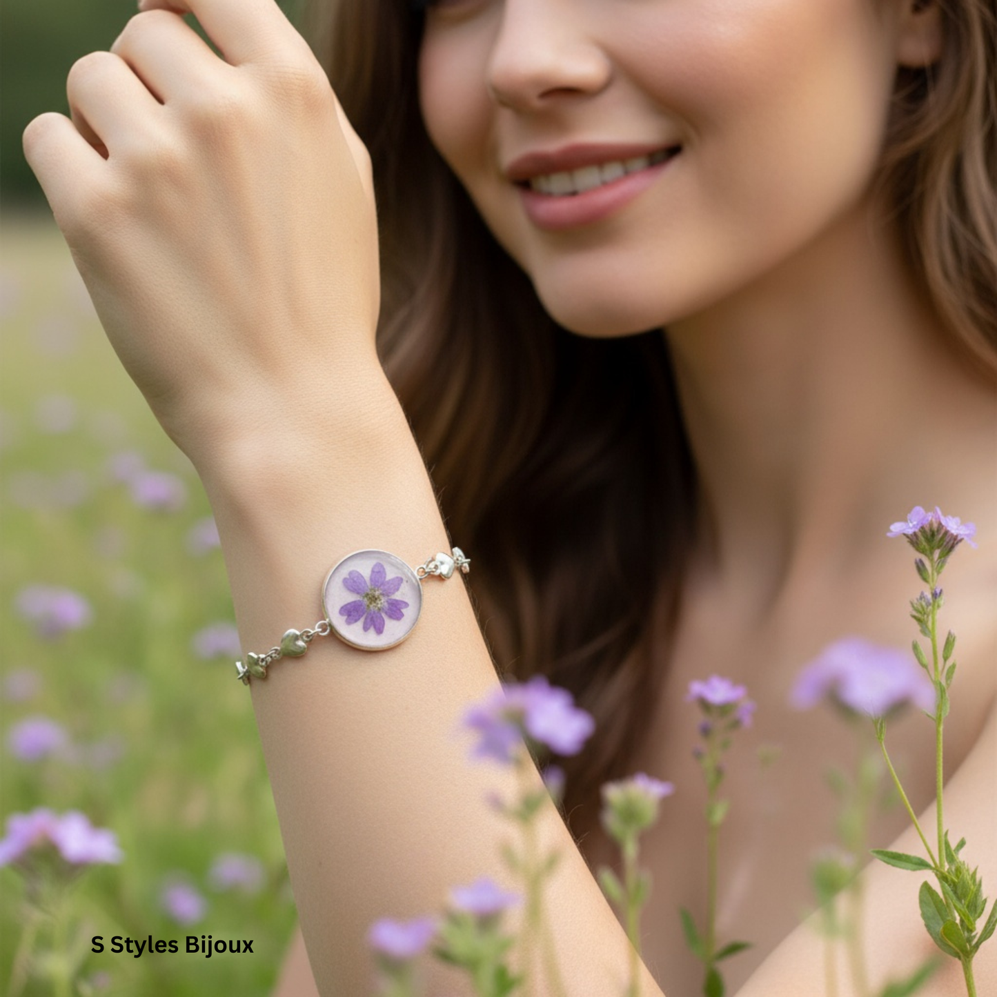 Bracelet Chain – Real Purple Flower with Purple Glitter Background