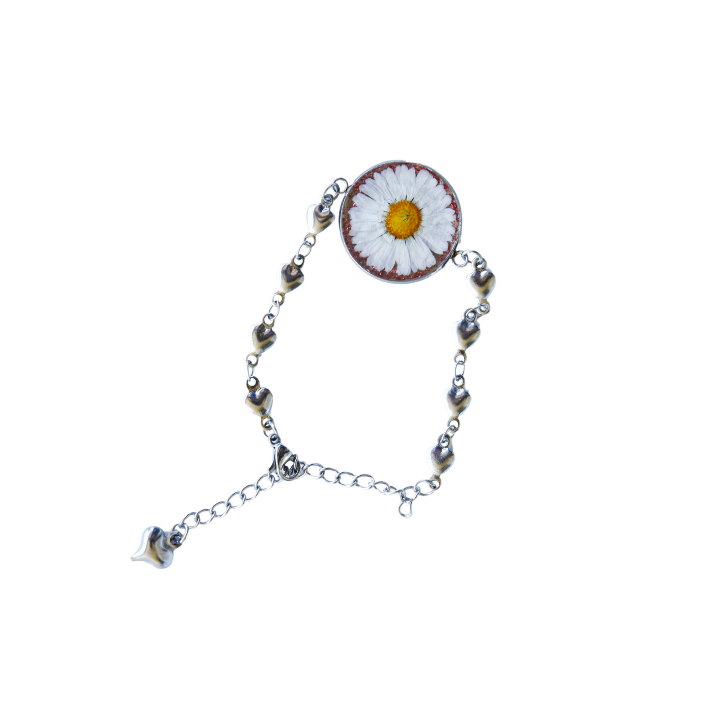 Bracelet Chain – Real Daisy Flower with Pink Glitter Background - Handmade Jewelry