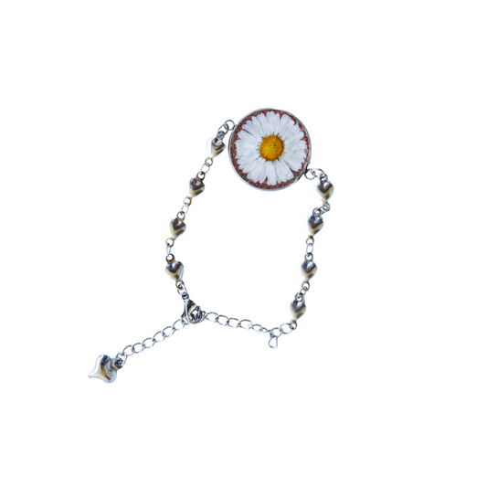 Bracelet Chain – Real Daisy Flower with Pink Glitter Background - Handmade Jewelry