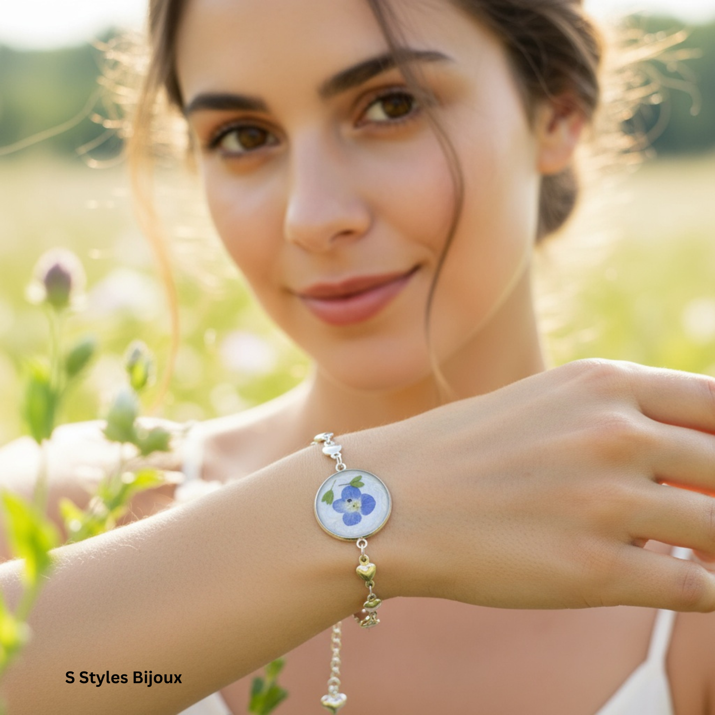 Bracelet Chain – Real Blue Flower with Green Leaves and Blue Glitter Background