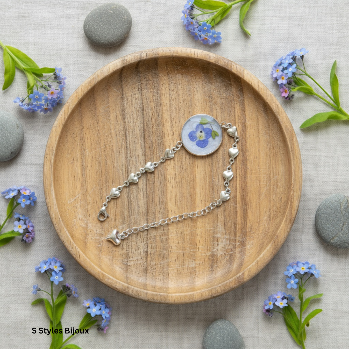 Bracelet Chain – Real Blue Flower with Green Leaves and Blue Glitter Background