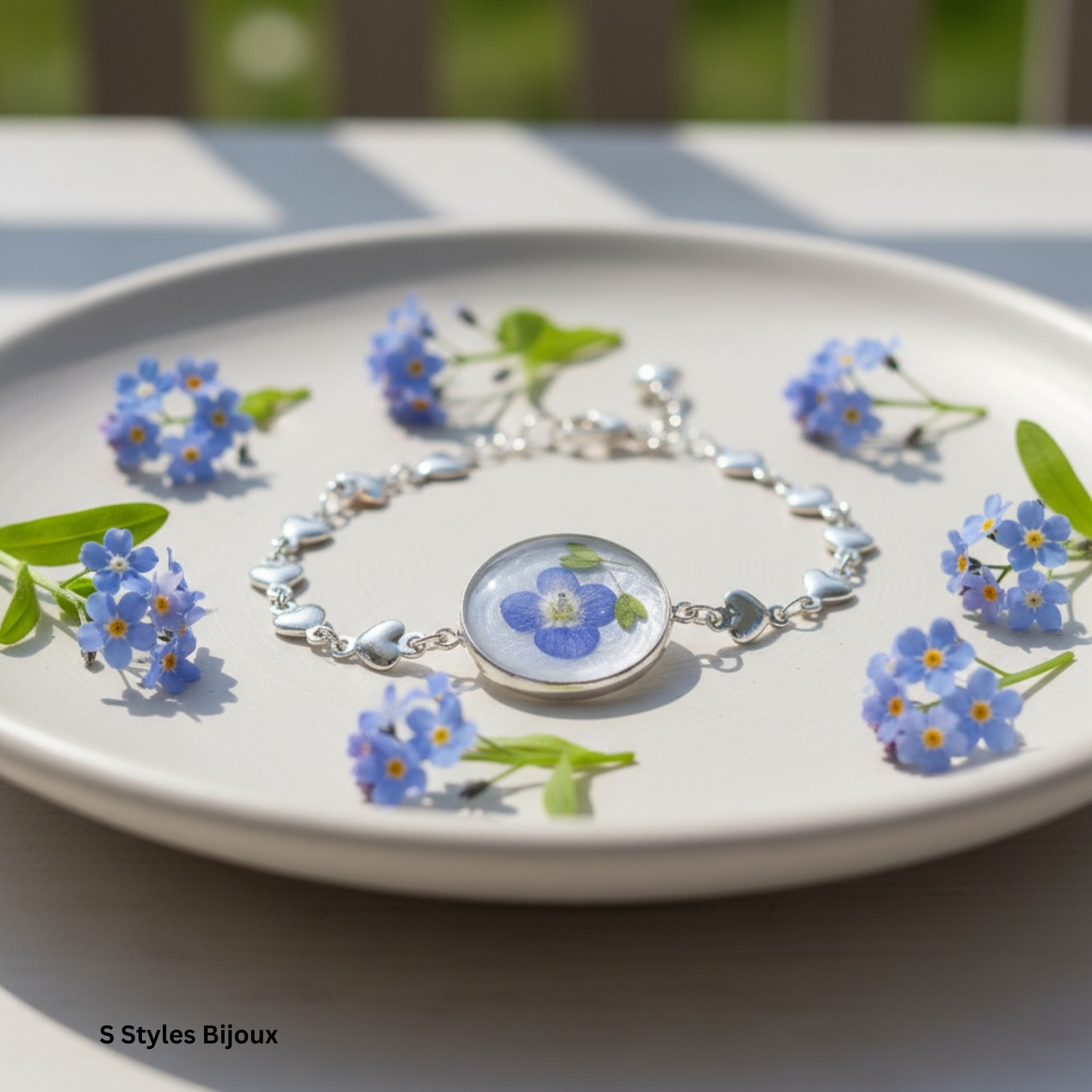 Bracelet Chain – Real Blue Flower with Green Leaves and Blue Glitter Background