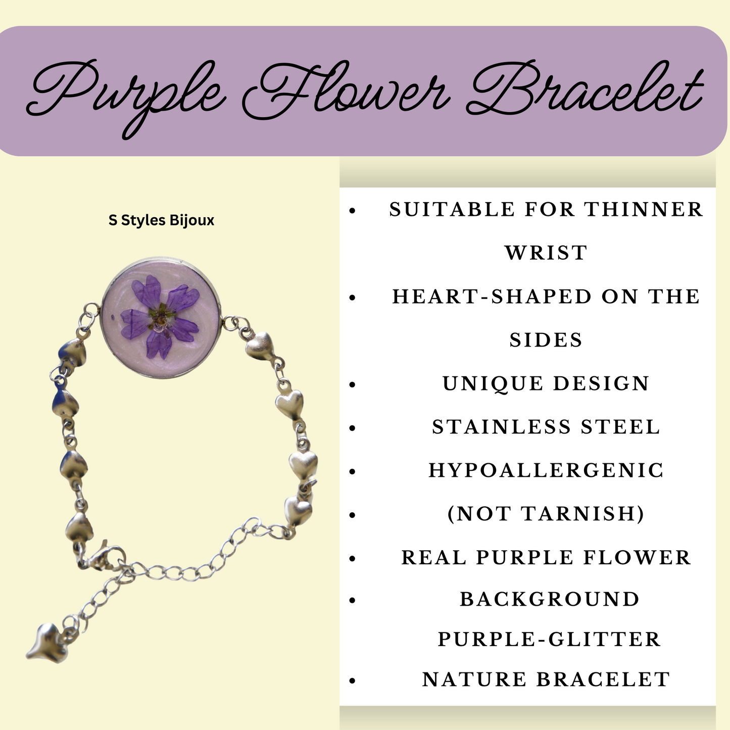 Bracelet Chain – Real Purple Flower with Purple Glitter Background