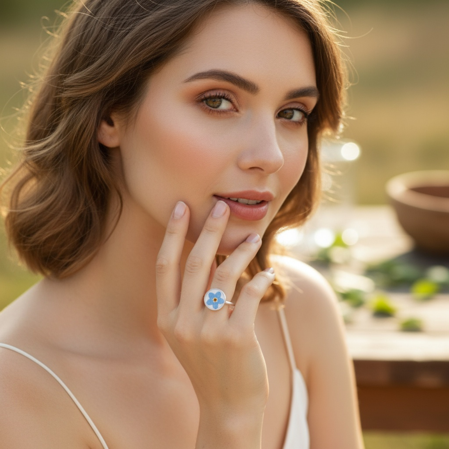 Adjustable Forget-me-not Flower Ring – Handmade Stainless Steel Ring (Silver/Gold, White/Black Background)