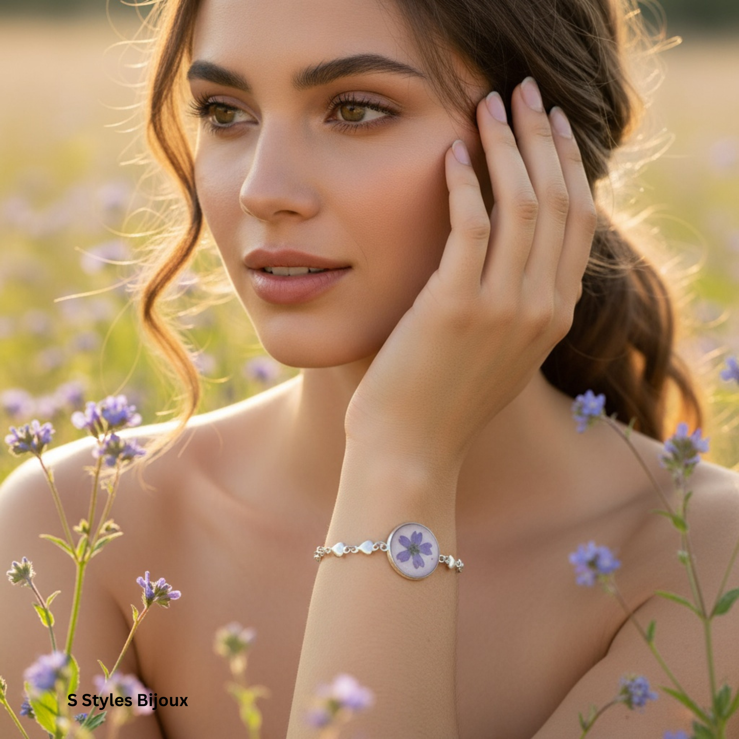 Bracelet Chain – Real Purple Flower with Purple Glitter Background