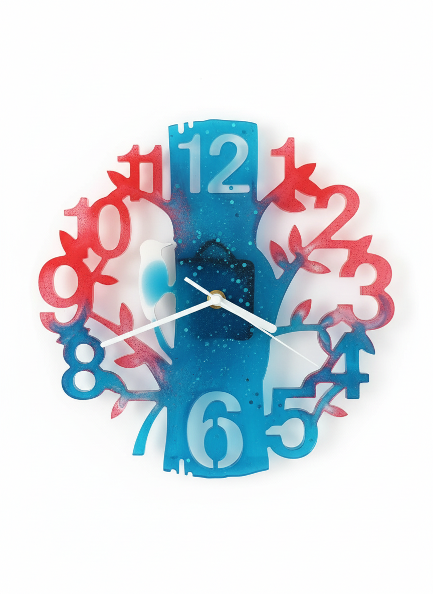 Wall Clock Epoxy Red Blue White – Handmade Resin Tree Clock with Bird – French Dutch Flag Colors – Personalized Custom Wall Art Gift