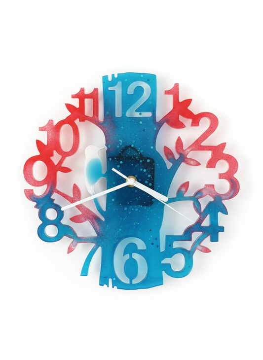 Wall Clock Epoxy Red Blue White – Handmade Resin Tree Clock with Bird – French Dutch Flag Colors – Personalized Custom Wall Art Gift