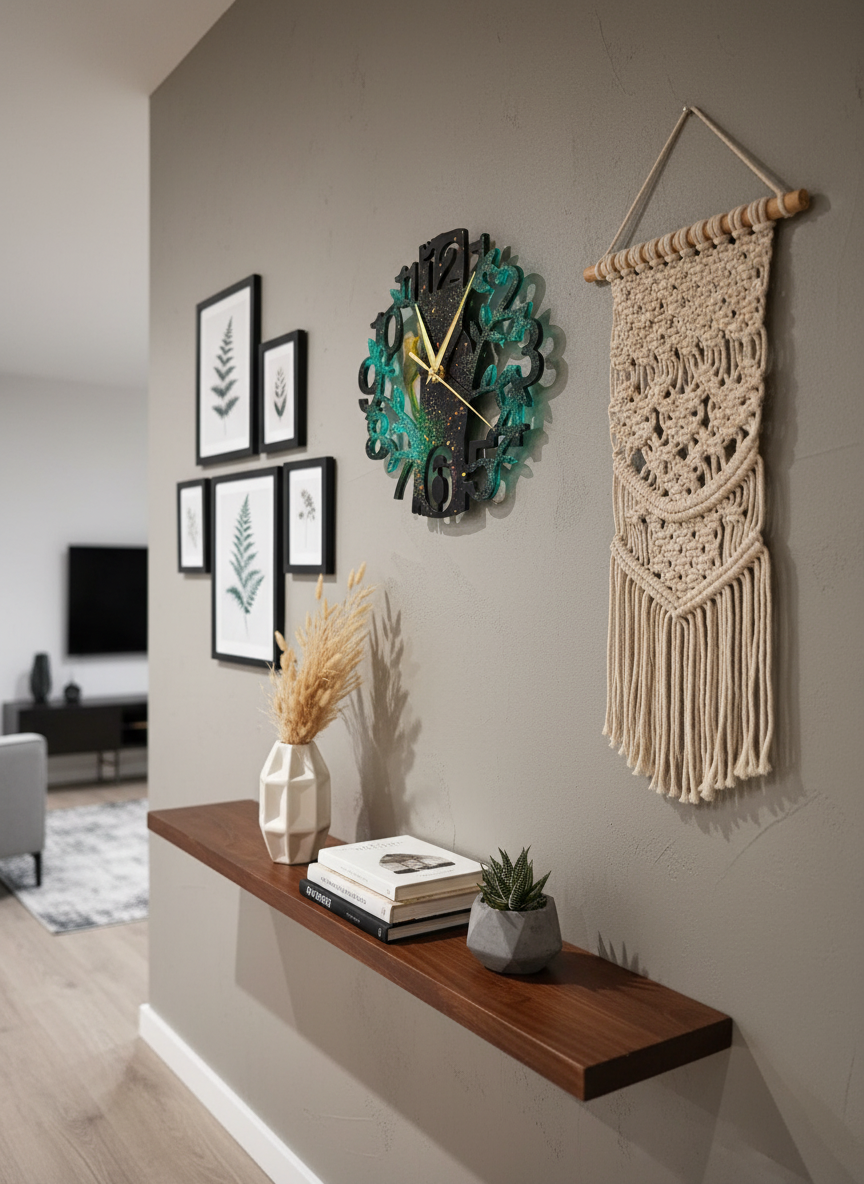Wall Clock Epoxy Personalized – Handmade Tree Design with Bird – Custom Resin Wall Art Gift – Unique Nature Home Decor – Green Black Gold Modern Clock