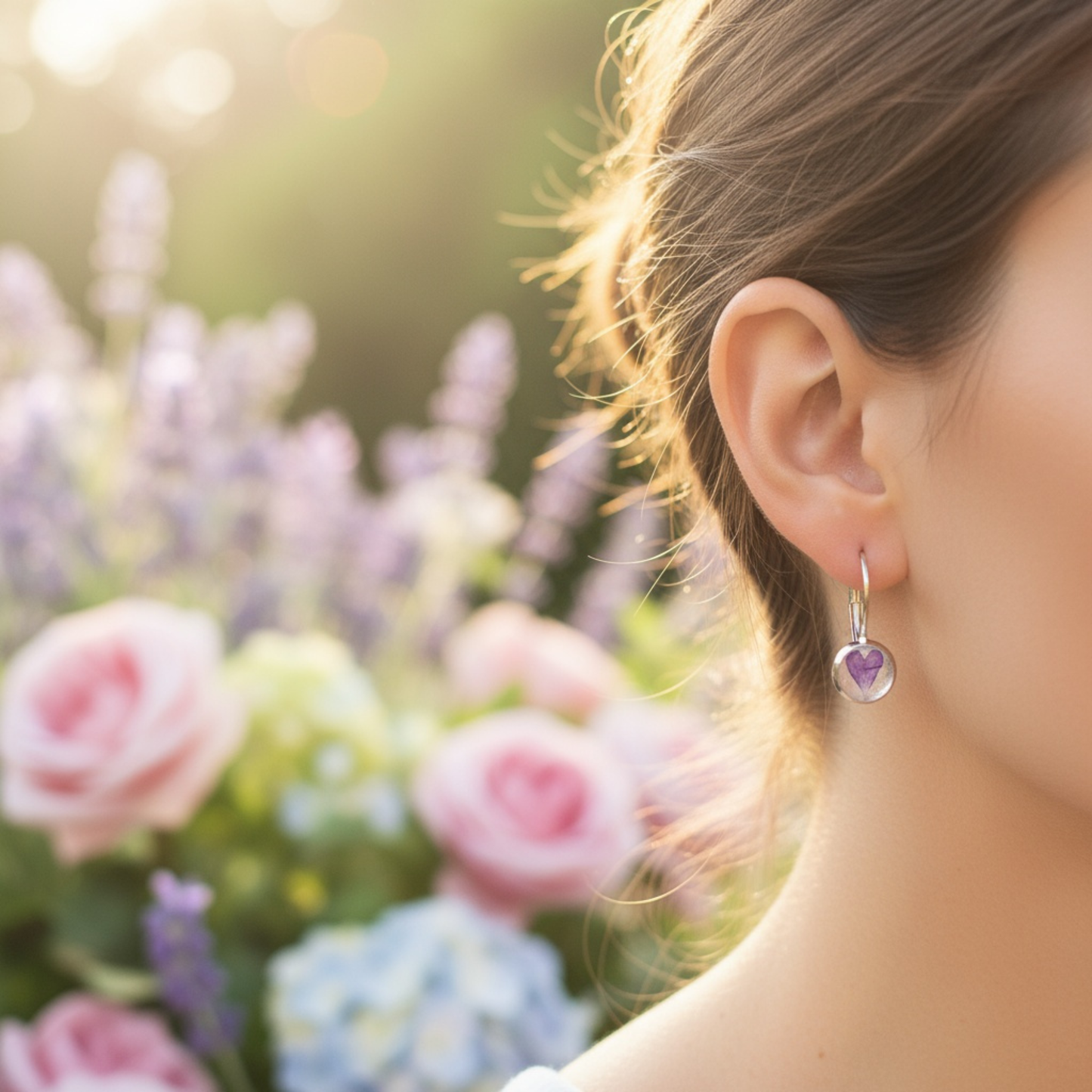 925 Sterling Silver Purple Heart Flower Earrings – Handmade Real Flower Leverback Earrings