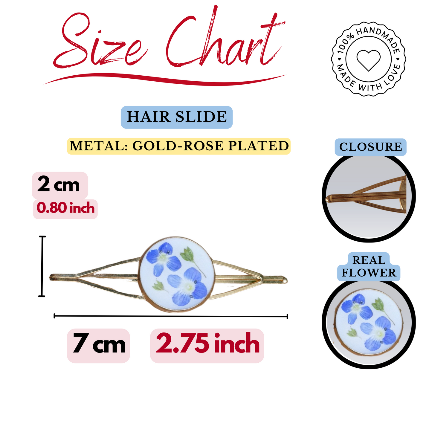 Hair Slide Daisy - Gold-Rose Tone  – Real Blue Flowers & Green Buds Hairclip