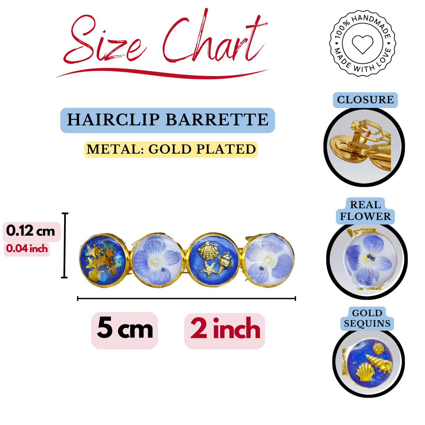 Hairclip Barrette Gold or Silver Tone – Real Blue Flowers, Ocean Charms & Golden Stars + Polish Cloth