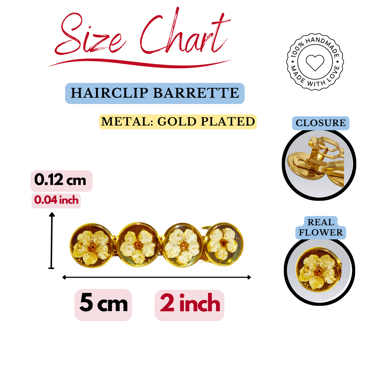 Hairclip Barrette Gold Plated  – Real White Flowers Wedding & Bridal Accessory