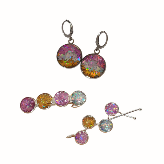 Hairclip & Earring Set Butterfly Sequin  – Silver Tone Hair Clips with Stainless Steel Earrings | Kids & Girls Jewelry Gift