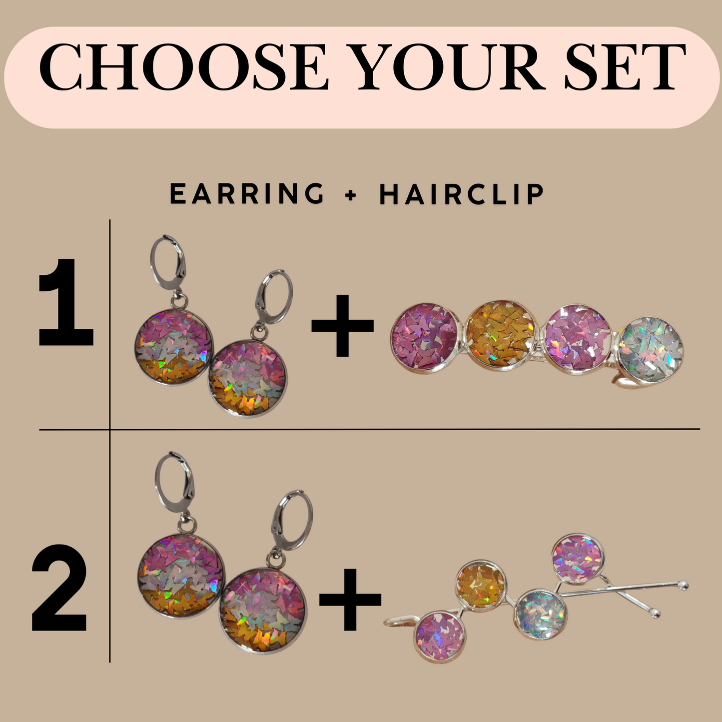 Hairclip & Earring Set Butterfly Sequin  – Silver Tone Hair Clips with Stainless Steel Earrings | Kids & Girls Jewelry Gift