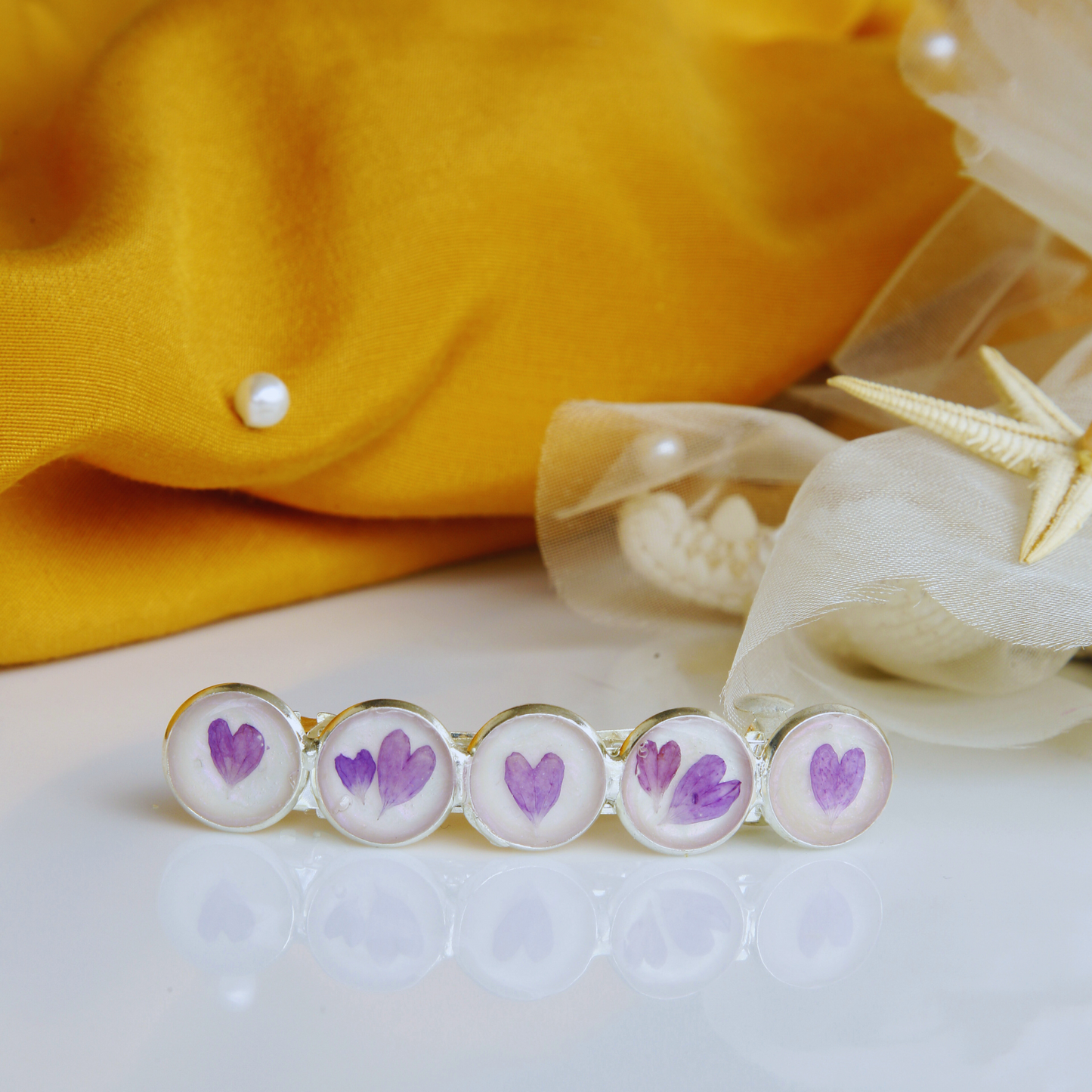 Hairclip Barrette Silver Tone  – Real Purple Heart Petals Hair Accessory