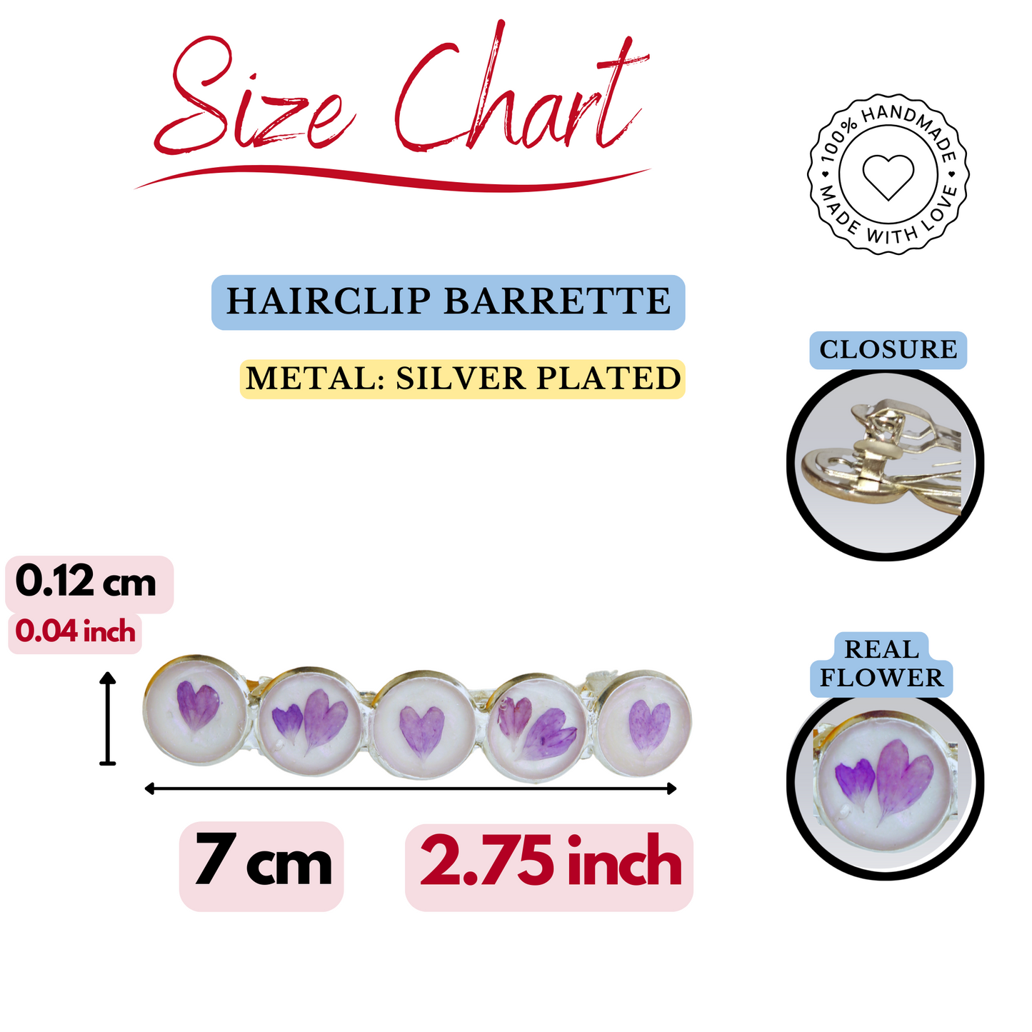 Hairclip Barrette Silver Tone  – Real Purple Heart Petals Hair Accessory